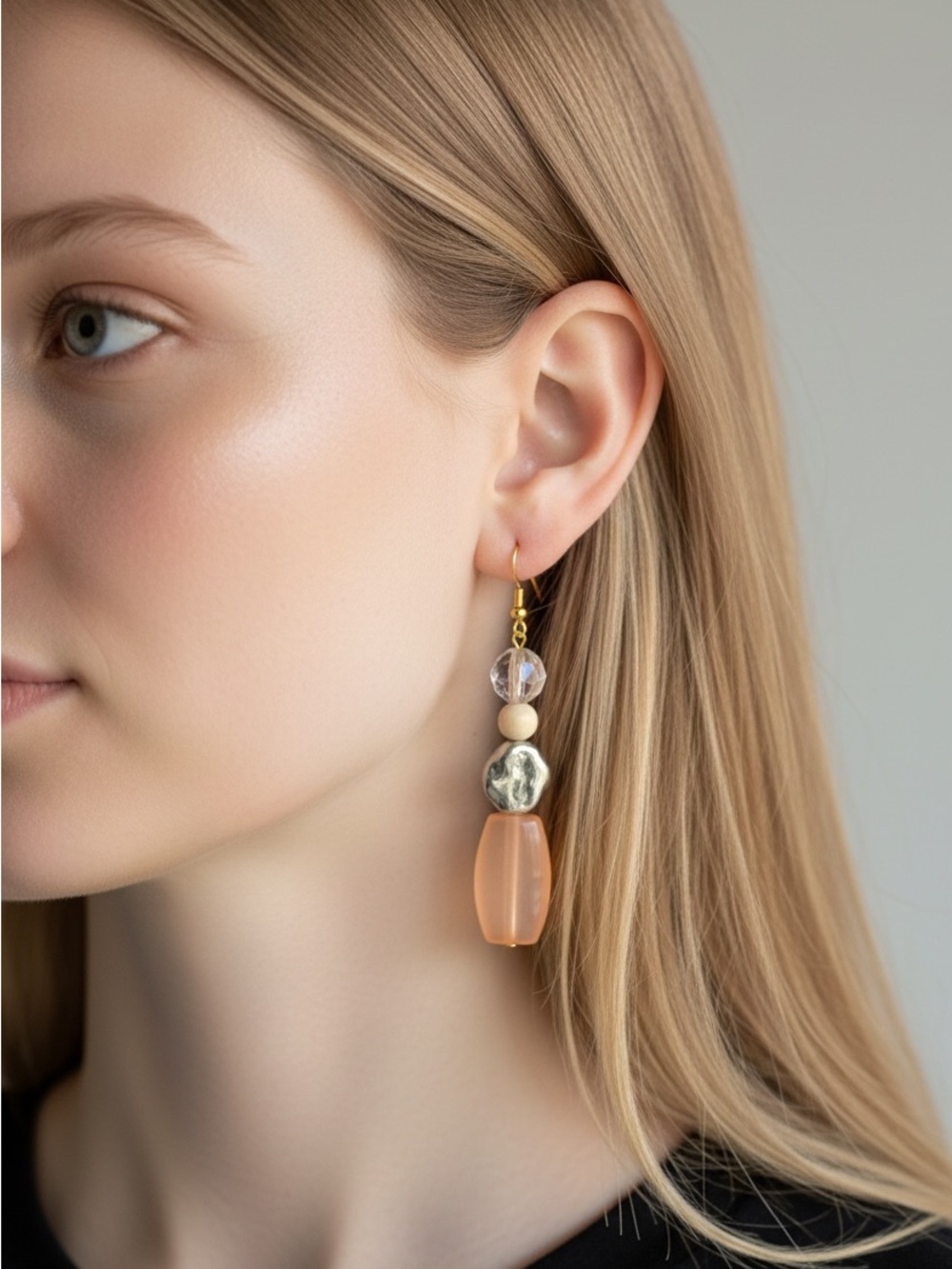 10/1 Gold and Peach Drop Bead Earrings - Women Jewelry